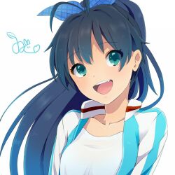 Rule 34 | 1girl, antenna hair, aqua eyes, black hair, blue bow, blue jacket, bow, collarbone, collared jacket, eyelashes, fang, ganaha hibiki, hair bow, idolmaster, idolmaster (classic), jacket, jersey, long hair, looking at viewer, multicolored clothes, multicolored jacket, open clothes, open jacket, open mouth, plaid, plaid bow, ponytail, see-through, see-through shirt, shirt, signature, smile, solo, teeth, two-tone jacket, upper body, upper teeth only, white background, white jacket, white shirt, witoi (roa)
