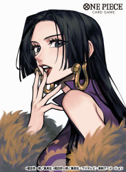 Rule 34 | 1girl, black eyes, black hair, boa hancock, close-up, coat, commentary request, copyright name, dress, earrings, eyelashes, fur coat, highres, jewelry, long hair, looking at viewer, official art, one piece, profile, purple dress, red lips, simple background, snake earrings, solo, sunohara (encount), upper body, white background
