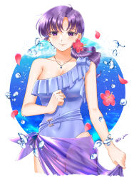 Rule 34 | 1girl, absurdres, blue one-piece swimsuit, breasts, cleavage, fire emblem, fire emblem: the binding blade, flower, hair flower, hair ornament, highres, juno (fire emblem), large breasts, looking at viewer, nintendo, one-piece swimsuit, ponytail, purple eyes, purple hair, sarong, see-through sarong, single-shoulder one-piece swimsuit, smile, solo, swimsuit, tsukimura (d24f4z8j3t)