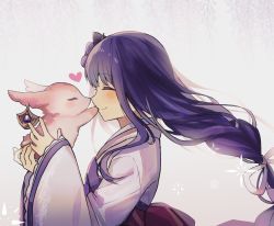 Rule 34 | 1girl, alternate form, animal, blunt bangs, blush, closed eyes, closed mouth, commentary request, earrings, flower, fox, from side, genshin impact, grey background, hair ornament, heart, highres, holding, holding animal, japanese clothes, jewelry, kimono, kiss, long hair, long sleeves, merry-san, purple hair, purple kimono, raiden shogun, simple background, smile, solo, wide sleeves, wisteria, yae miko, yae miko (fox)