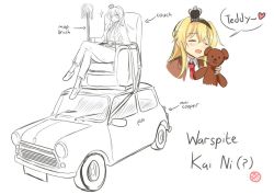Rule 34 | 1girl, ?, arrow (symbol), blonde hair, blush, car, closed eyes, collar, collared shirt, cosplay, couch, crossed legs, crown, english text, eyebrows, formal, hair between eyes, heart, holding, holding stuffed toy, kantai collection, mini cooper, mini crown, mop, motor vehicle, mr bean, mr bean (character), mr bean (character) (cosplay), necktie, on vehicle, open mouth, pant suit, pants, parody, setia pradipta, shirt, sidelocks, sitting, smile, source request, sparkle, speech bubble, spoken heart, stuffed animal, stuffed toy, suit, teddy bear, vehicle focus, warspite (kancolle)