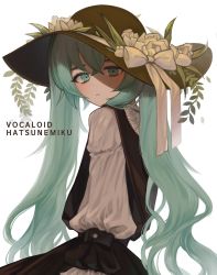 Rule 34 | 1girl, absurdres, aqua eyes, aqua hair, bad id, bad pixiv id, bow, character name, copyright name, flower, frown, hat, hat bow, hat flower, hatsune miku, henibeul, highres, long hair, long sleeves, looking at viewer, simple background, solo, twintails, vocaloid, white background, white bow, white flower