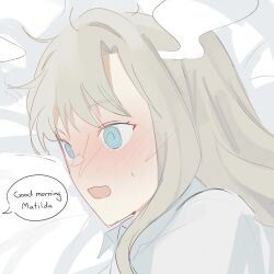 Rule 34 | 1girl, @ @, blue eyes, blush, commentary, embarrassed, english commentary, english text, flustered, grey hair, head steam, highres, long hair, matilda bouanich, nelizx, nose blush, open mouth, reverse:1999, shirt, speech bubble, steam, sweat, sweatdrop, white shirt, wide-eyed