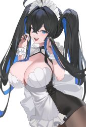 Rule 34 | 1girl, ahoge, black hair, blue eyes, blue hair, breasts, cleavage, cleavage cutout, clothing cutout, colored inner hair, cowboy shot, crossed bangs, hair between eyes, hair intakes, highres, holding, holding own hair, hood (james x), indie virtual youtuber, large breasts, long hair, looking at viewer, maid, maid headdress, multicolored hair, narrow waist, open mouth, pantyhose, scrunchie, simple background, smile, solo, streaked hair, taccomi, twintails, very long hair, virtual youtuber, white background, wrist scrunchie
