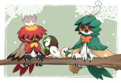 Rule 34 | artist name, beak, beak hold, branch, creatures (company), dartrix, decidueye, evolutionary line, feathers, game freak, gen 7 pokemon, hidane (natsume hdn), hisuian decidueye, looking at another, mouth hold, nintendo, no humans, open mouth, pokemon, pokemon (creature), pulling, red pupils, rowlet, smile, talons, trembling, twitter username