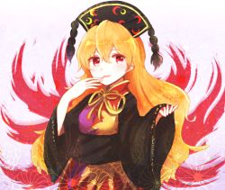 Rule 34 | 1girl, bad id, bad twitter id, black dress, blonde hair, chinese clothes, dress, energy, hat, junko (touhou), long hair, long sleeves, mayo (mayomr29), multiple tails, open mouth, red eyes, sash, smile, solo, tabard, tail, touhou, very long hair, wide sleeves