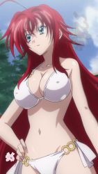 Rule 34 | 10s, 1girl, bikini, breasts, cleavage, demon girl, green eyes, high school dxd, highres, large breasts, long hair, red hair, rias gremory, screencap, smile, solo, standing, swimsuit, white bikini