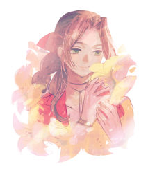 Rule 34 | 1girl, aerith gainsborough, bangle, bracelet, braid, braided ponytail, brown hair, choker, final fantasy, final fantasy vii, final fantasy vii remake, flower, flower choker, green eyes, hair ribbon, holding, holding flower, jacket, jewelry, lily (flower), long hair, parted bangs, pink ribbon, portrait, red jacket, ribbon, sidelocks, sketch, smile, solo, taa (acid), white background, yellow flower