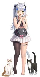 Rule 34 | 1girl, alternate costume, animal ears, apron, bare shoulders, barefoot, black apron, black ribbon, blush, cat, cat ears, cat tail, commentary request, double v, facial mark, fang, frills, full body, girls&#039; frontline, green eyes, hair ornament, hair ribbon, highres, hk416 (girls&#039; frontline), kemonomimi mode, kir (khw66136132), long hair, looking at viewer, open mouth, pantyhose, ribbon, sidelocks, silver hair, single leg pantyhose, skin fang, skirt, solo, tail, thigh strap, thighs, twintails, v, white skirt