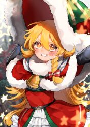 Rule 34 | 1girl, adapted costume, bell, black gloves, blonde hair, blush, bow, braid, brown eyes, christmas, cowboy shot, double-parted bangs, dress, elbow gloves, eyelashes, gloves, grin, hair between eyes, hair bow, hands up, hat, highres, kirisame marisa, long hair, looking at viewer, neck bell, red bow, santa capelet, santa costume, santa dress, santa hat, single braid, smile, solo, standing, star (symbol), touhou, twitter username, uchisaki himari, upturned eyes, v-shaped eyebrows, very long hair