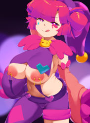 Rule 34 | breasts, buro (muse dash), clown, curvy, dantes ward, hat, highres, large areolae, large breasts, muse dash, navel, nipple piercing, piercing, pink hair, smile, sticker, thighhighs, tongue, tongue out