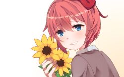 Rule 34 | 1girl, blazer, blue eyes, bluesky021, brown jacket, doki doki literature club, flower, highres, jacket, light blush, looking at another, red hair, red ribbon, ribbon, sayori (doki doki literature club), short hair, smile, solo, sunflower, teeth