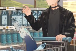 Rule 34 | 1boy, animal, black choker, black hair, black jacket, black shirt, bottle, character request, choker, commentary, earrings, english commentary, english text, genshin impact, groceries, indoors, jacket, jewelry, male focus, ring, shirt, shopping cart, sora2396, standing, water, wriothesley (genshin impact)