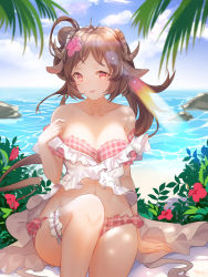 Rule 34 | 1girl, :d, animal ears, arknights, bare shoulders, bikini, breasts, brown hair, cleavage, collarbone, commentary request, day, eyjafjalla (arknights), eyjafjalla (summer flower) (arknights), feet out of frame, flower, frilled bikini, frills, goat ears, goat horns, hair flower, hair ornament, hibiscus, highres, horns, knee up, bridal garter, lens flare, light rays, lingshalan, long hair, looking at viewer, medium breasts, mixed-language commentary, navel, ocean, off-shoulder bikini, off shoulder, official alternate costume, open mouth, outdoors, pink bikini, pink flower, plaid, plaid bikini, red eyes, side ponytail, signature, sitting, smile, solo, sunbeam, sunlight, swimsuit, water