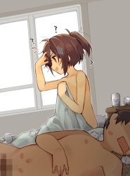 Rule 34 | 1boy, 1girl, ?, arm up, bed sheet, beer can, blush, bright pupils, brown eyes, brown hair, can, censored, day, drink can, drooling, engawa oishii, hair between eyes, indoors, lipstick mark, lying, mosaic censoring, naked sheet, navel, nude, on back, open mouth, original, ponytail, profile, rectangular mouth, short hair, sitting, solo focus, sunlight, tissue box, turn pale, under covers, used tissue, v-shaped eyebrows, window