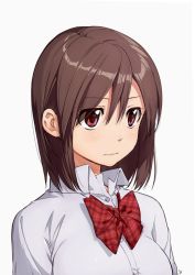 Rule 34 | 1girl, bow, bowtie, brown eyes, brown hair, closed mouth, collared shirt, commentary request, eyes visible through hair, grey background, kawai makoto, original, plaid, red bow, red bowtie, shirt, short hair, simple background, solo, upper body, wing collar