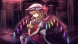 Rule 34 | 1girl, ascot, asymmetrical hair, bad id, bad nicoseiga id, blonde hair, broken, chain, crystal, expressionless, flandre scarlet, hat, hat ribbon, looking at viewer, minust, mob cap, red eyes, ribbon, shirt, short sleeves, side ponytail, sitting, skirt, skirt set, solo, touhou, wings
