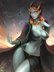 Rule 34 | 1girl, absurdres, black skirt, blue skin, breasts, colored skin, electricity, front ponytail, hair ornament, highres, hood, hood up, hooded robe, large breasts, long hair, midna, midna (true), mole, mole under mouth, nintendo, open clothes, open robe, orange hair, parted lips, pointy ears, purple lips, ragecndy, red eyes, robe, side slit, skirt, solo, spoilers, the legend of zelda, the legend of zelda: twilight princess