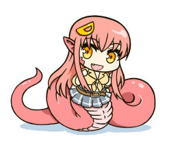 Rule 34 | 10s, 1girl, :d, chibi, fang, full body, hair ornament, hairclip, iriomote, lamia, long hair, miia (monster musume), monster girl, monster musume no iru nichijou, open mouth, pointy ears, red hair, shirt, simple background, smile, solo, tied shirt, white background, yellow eyes