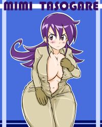 Rule 34 | annoyed, blush, bodysuit, breasts, curvy, duel masters, gloves, highres, hippo x2, large breasts, looking to the side, midriff peek, navel, purple eyes, purple hair, tasogare mimi, thick thighs, thighs, unzipped, wide hips