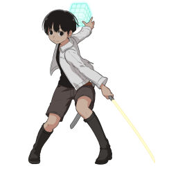 Rule 34 | 1girl, androgynous, black footwear, black hair, black shirt, boots, bowl cut, closed mouth, cube, dual wielding, energy sword, energy weapon, full body, grey shorts, holding, holding sword, holding weapon, jacket, knee boots, legs apart, long sleeves, looking at viewer, obishima yukari, outstretched arms, scabbard, sheath, shirt, short hair, shorts, simple background, sjw kazuya, solo, standing, sword, uniform, weapon, white background, white jacket, world trigger, yuba squad&#039;s uniform