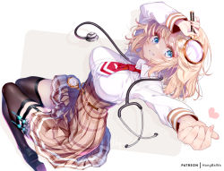 Rule 34 | 1girl, black footwear, black thighhighs, blonde hair, blue eyes, breasts, clenched teeth, clock, fingernails, heart, holding, holding magnifying glass, hololive, hololive english, hong (white spider), large breasts, long hair, long sleeves, looking at viewer, magnifying glass, necktie, patreon username, plaid, red necktie, shirt, shoes, short hair, smile, solo, stethoscope, syringe, teeth, thighhighs, virtual youtuber, watson amelia, watson amelia (1st costume), white shirt