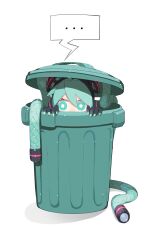 Rule 34 | ..., 1girl, absurdres, ahoge, cable hair, cheri zao, green eyes, hatsune miku, hiding, highres, long hair, ringed eyes, simple background, speech bubble, trash can, twintails, vocaloid, white background