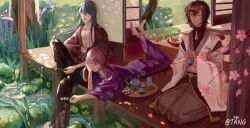 Rule 34 | 3boys, artist name, bare pectorals, black shirt, blue eyes, blue hair, brown hair, character request, chinese commentary, closed mouth, commentary request, copyright request, cup, dango, dark-skinned male, dark skin, day, detached sleeves, dumpling, falling petals, fishing rod, floral print, flower, flower knot, food, foot out of frame, frown, full body, green tea, haori, high collar, highres, holding, holding cup, holding fishing rod, holding food, jacket, japanese clothes, jiaozi, kariginu, kimono, koi, layered sleeves, long hair, long sleeves, looking at another, looking at food, lying, male focus, multiple boys, mushroom, on stomach, one eye closed, open clothes, open jacket, open mouth, outdoors, parted lips, pectorals, petals, pink flower, purple eyes, purple kimono, purple sleeves, red sleeves, rock, sanshoku dango, sanshui guantang, seiza, shirt, short hair, shrine, sitting, smile, socks, straight hair, stream, tea, teapot, teeth, tree, veranda, wagashi, white sleeves, white socks, wide sleeves