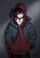 Rule 34 | 10s, 1boy, alternate hair color, bad id, bad pixiv id, black hair, boku no hero academia, closed mouth, collared shirt, glowing, hair over one eye, hood, jacket, kirishima eijirou, looking at viewer, male focus, open clothes, open jacket, red eyes, shirt, shoco (sco labo), signature, solo, spiked hair, wall, aged down, zipper