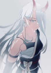 Rule 34 | 1girl, absurdres, android, bare shoulders, blue eyes, breasts, highres, horns, japanese clothes, kaino osushi85, long hair, looking at viewer, medium breasts, mole, mole under mouth, nier (series), nier:automata, sarashi, simple background, solo, very long hair, white hair, a2 (nier:automata)