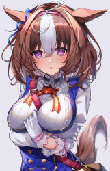 Rule 34 | 1girl, 40 (0f0urw), @ @, absurdres, ahoge, animal ears, arm under breasts, bag, between breasts, blue jacket, blue ribbon, blush, bow, breasts, brown hair, commentary request, ear ribbon, gloves, hair between eyes, hairband, handbag, headband, highres, holding own arm, horse ears, horse girl, horse tail, jacket, large breasts, long sleeves, looking at viewer, medium hair, meisho doto (umamusume), multicolored hair, parted lips, partial commentary, pink hairband, purple eyes, ribbon, shirt, shoulder bag, simple background, solo, strap between breasts, streaked hair, tail, umamusume, upper body, white background, white gloves, white hair, white shirt
