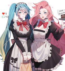 Rule 34 | 2girls, :d, absurdres, alternate costume, apron, bag, black choker, black dress, blonde hair, blue hair, blush, bow, bowtie, breasts, cake, choker, cleavage, dress, english text, enmaided, food, frilled apron, frilled dress, frills, green eyes, highres, holding, holding bag, holding plate, large breasts, league of legends, long hair, maid, maid apron, maid headdress, mcdonald&#039;s, meme, multiple girls, noodychaan, open mouth, pink hair, plate, red bow, red bowtie, seraphine (league of legends), smile, sona (league of legends), teeth, twintails, twitter strip game (meme), waist apron