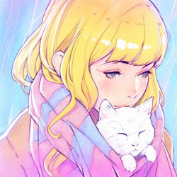 Rule 34 | 1girl, animal, animal in clothes, bad id, bad tumblr id, blonde hair, blue background, blue eyes, blunt bangs, cat, commentary, cover image, eyeshadow, ilya kuvshinov, long hair, looking away, makeup, mascara, original, pink scarf, portrait, scarf, solo, striped clothes, striped scarf