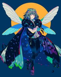 Rule 34 | 1boy, arthropod boy, black pants, blue eyes, butterfly wings, cape, collared shirt, crossed arms, crown, diamond hairband, dragonfly wings, expressionless, fate/grand order, fate (series), full body, fur-trimmed cape, fur trim, grey hair, highres, insect wings, long sleeves, looking at viewer, male focus, medium hair, mizuki tsukimori, oberon (fate), oberon (third ascension) (fate), pants, shirt, simple background, solo, white shirt, wings