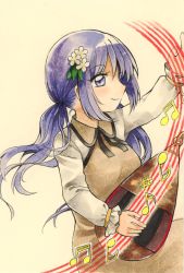 Rule 34 | 1girl, biwa lute, black neckwear, black ribbon, breasts, brown dress, closed mouth, dress, flower, hair flower, hair ornament, highres, instrument, long hair, long sleeves, lute (instrument), maa (forsythia1729), music, musical note, playing instrument, purple eyes, purple hair, ribbon, simple background, small breasts, smile, touhou, traditional media, tsukumo benben, twintails, white background, white sleeves