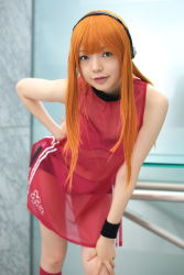 Rule 34 | 1girl, asian, bare shoulders, blurry, bra, breasts, china dress, chinese clothes, cosplay, cosplay request, depth of field, dress, eyeliner, gintama, hand on own hip, hand on own knee, headphones, highres, indoors, kagura (gintama), leaning forward, long hair, looking at viewer, makeup, namada, navel, orange hair, panties, parted lips, photo (medium), real life, red dress, red socks, see-through, short dress, short shorts, shorts, small breasts, socks, solo, standing, underwear