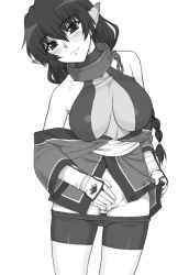 Rule 34 | 00s, 1girl, bare shoulders, bike shorts, bike shorts pull, braid, breasts, chain, cleavage, clitoris, clothes lift, clothes pull, collar, fingerless gloves, gloves, greyscale, karulau, large breasts, lifted by self, long hair, monochrome, no panties, pants, pants pull, pussy, shichimenchou, shirt lift, shorts, shorts pull, solo, standing, tight clothes, uncensored, utawarerumono