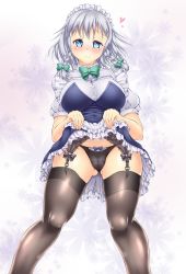 Rule 34 | 1girl, black panties, black thighhighs, blue eyes, blush, braid, breasts, clothes lift, dress, female focus, from below, garter belt, garter straps, gluteal fold, hair ornament, izayoi sakuya, kawatare, large breasts, looking at viewer, maid, maid headdress, panties, silver hair, skirt, skirt lift, smile, solo, standing, thighhighs, touhou, underwear