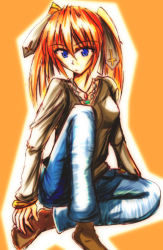 Rule 34 | 00s, 1girl, blue eyes, contemporary, eyebrows, gem, hair between eyes, jewelry, long hair, long sleeves, looking at viewer, lyrical nanoha, mahou shoujo lyrical nanoha, mahou shoujo lyrical nanoha strikers, necklace, orange hair, pendant, purple eyes, quality, solo, teana lanster, twintails, zinno