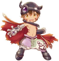 Rule 34 | 1boy, belt, black pants, brown belt, brown eyes, brown hair, cape, child, clenched hand, commentary request, facial mark, fake horns, fangs, full body, green pants, helmet, highres, horned helmet, horns, legs apart, looking at viewer, made in abyss, male focus, mechanical arms, mechanical legs, multicolored pants, navel, nina (maurururoa), nipples, open mouth, outstretched hand, pants, pants tucked in, patchwork clothes, purple pants, red cape, regu (made in abyss), short hair, simple background, slit pupils, solo, standing, teeth, thick eyebrows, topless male, torn cape, torn clothes, upper teeth only, v-shaped eyebrows, white background, white pants