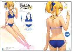 Rule 34 | 1girl, ahoge, alternate costume, artoria pendragon (all), artoria pendragon (fate), ass, azusa (hws), back, bare shoulders, barefoot, bikini, blonde hair, blue bikini, breasts, cleavage, fate/stay night, fate (series), food, gradient background, green eyes, hair ribbon, long hair, looking at viewer, multiple views, navel, ponytail, popsicle, ribbon, saber (fate), simple background, sitting, small breasts, smile, swimsuit