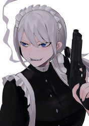 Rule 34 | 1girl, absurdres, blue eyes, buttons, cigarette, commentary request, frills, grey hair, gun, hair between eyes, highres, looking afar, maid, maid headdress, medium hair, mole, mole under mouth, mouth hold, original, parted lips, ponytail, sh (sh1030f), smirk, smoking, solo, teeth, upper body, weapon, white background