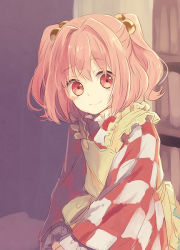 Rule 34 | 1girl, apron, blurry, blurry background, blush, bookshelf, checkered clothes, checkered kimono, closed mouth, commentary request, frills, hair bobbles, hair intakes, hair ornament, indoors, japanese clothes, kimono, looking at viewer, motoori kosuzu, pink eyes, pink hair, short hair, smile, solo, tomobe kinuko, touhou, two side up, upper body, yellow apron