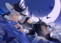 Rule 34 | 1girl, alternate eye color, arknights, bare shoulders, black dress, black headwear, black nails, black thighhighs, bug, butterfly, commentary request, copper (copper038), crescent moon, dress, highres, insect, long hair, long sleeves, looking at viewer, lying, moon, nail polish, purple eyes, purple lips, smile, solo, specter (arknights), specter the unchained (arknights), thighhighs, very long hair, water, white hair