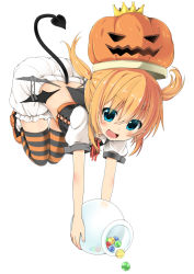 Rule 34 | 1girl, :d, afterimage, bat wings, bloomers, blue eyes, brown hair, candy, demon tail, dodome-iro mayonnaise, fang, food, halloween, jack-o&#039;-lantern, open mouth, original, pot, short twintails, smile, solo, striped clothes, striped thighhighs, tail, thighhighs, twintails, underwear, wings