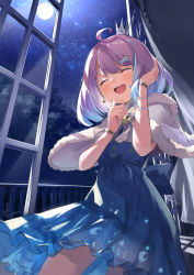 Rule 34 | 1girl, ahoge, balcony, blue dress, blue hair, blush, bracelet, breasts, candy hair ornament, capelet, closed eyes, commentary, cowboy shot, crescent, crescent earrings, crescent print, crown, curtains, dress, earrings, facing viewer, food-themed hair ornament, frilled dress, frills, full moon, fur-trimmed capelet, fur trim, gradient hair, hair ornament, hairclip, hand in own hair, highres, himemori luna, himemori luna (sundress), hololive, jewelry, kito koruta, light blue hair, mini crown, moon, multicolored hair, official alternate costume, open mouth, open window, purple hair, short hair, signature, sky, sleeveless, sleeveless dress, small breasts, smile, solo, star (sky), star (symbol), star print, starry sky, starry sky print, tree, two-tone hair, virtual youtuber, white capelet, window