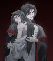 Rule 34 | 2boys, black hair, black nails, blush, chinese clothes, closed eyes, gradient background, green eyes, hanfu, head on another&#039;s shoulder, highres, hug, korean commentary, long hair, long sleeves, looking at another, luo binghe, male focus, multiple boys, parted lips, qwert021600, renzha fanpai zijiu xitong, scar, scar on arm, scar on back, shen jiu (renzha fanpai zijiu xitong), smile, wide sleeves, yaoi, zuiyin