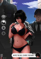 Rule 34 | 1girl, 2boys, beckoning, black hair, breasts, day, english text, female focus, formal, fubuki (one-punch man), large breasts, lingerie, matsuge (one-punch man), mephiscrypie, multiple boys, naughty face, navel, one-punch man, outdoors, panties, short hair, suit, underwear, yamazaru (one-punch man)