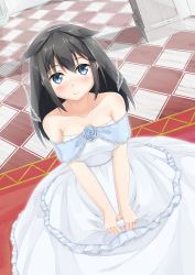 Rule 34 | 1girl, absurdres, alternate costume, alternate hairstyle, bare shoulders, black hair, blue eyes, blue flower, blue rose, blush, breasts, checkered floor, dress, flower, from above, hair flaps, highres, kantai collection, long hair, looking at viewer, medium breasts, rose, shigure (kancolle), shigure kai ni (kancolle), solo, strapless, usayatik, wedding dress, white dress