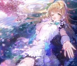 Rule 34 | 10s, 1girl, afloat, bow, bowtie, brown eyes, brown hair, cherry blossoms, cowboy shot, dress, finger to mouth, flower, flower over mouth, green bow, hair bow, holding, holding flower, long hair, looking at viewer, love live!, love live! school idol project, lying, maid, minami kotori, mogyutto &quot;love&quot; de sekkin chuu!, on back, one eye closed, one side up, petals, repi, side ponytail, solo, water